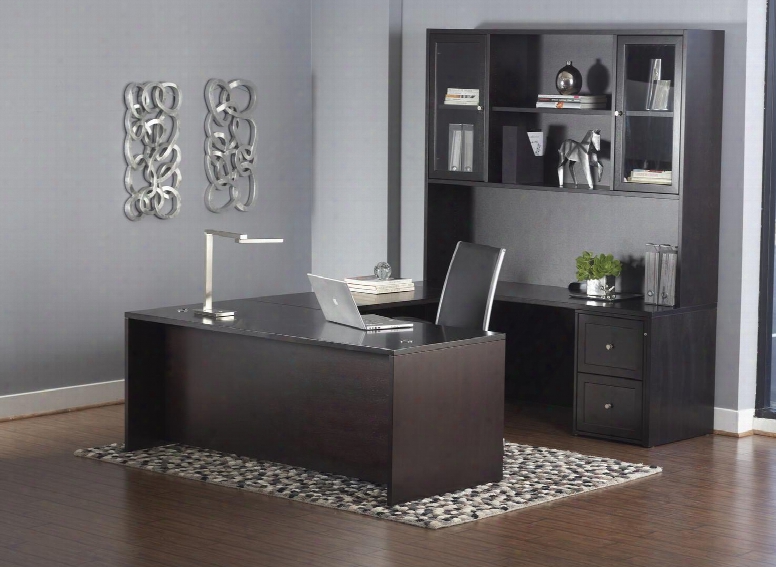 1c200007edes Espresso U-shaped Executive Desk & Hutch W/ Mobile