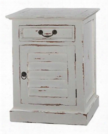 23496 Cottage Shutter Nightstand Cabinet With 1 Drawer 1 Door Metal Hardware And Molding Detail In White Distressed