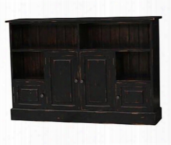 25144 Homestead Books And Basics Console With 4 Doors Open Storage And Vintage Black Interior In Black Distressed