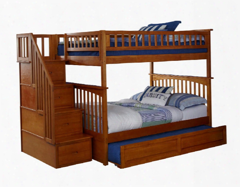 Ab55837 68.875" Columbia Staircase Bunk Bed Full Over Full With Raised Panel Trundle Bed In Caramel