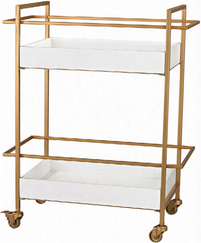 Accessor Y Collection 351-10182 28" Bar Cart With 2 Shelves Casters Wood And Metal Construction In Gloss White And Gold