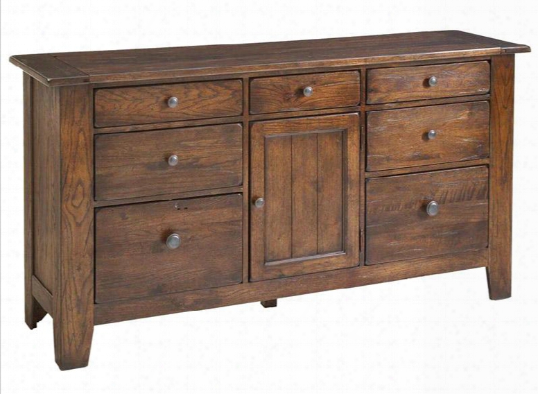 Attic Heirlooms 4397-32 68" Wide Door Dresser With 7 Drawers Jewelry Tray Distressed Details And Burnished Round Knobs In Natural Oak Stain