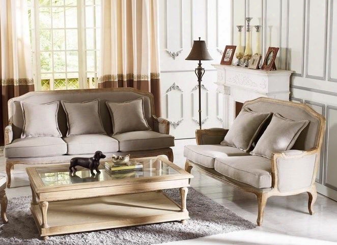 Baxton Studio Ta2256-sfls-beige Constanza Classic Antiqued French Sofa + Loveseat With Matching Pillows Distressed Oak Frame And Linen Upholstery In Neutral