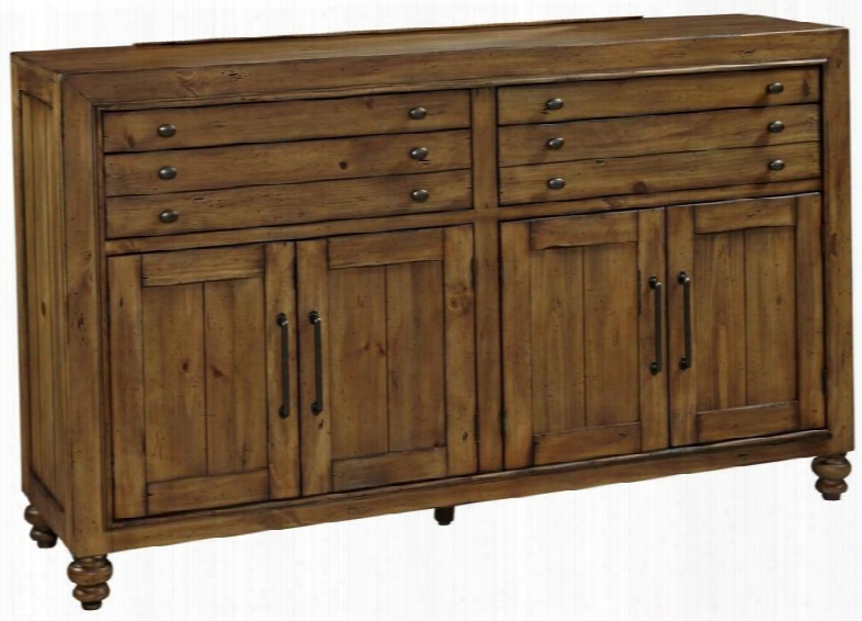 Bethany Square 4930-232 65" Wide 4-door Dresser With 4 Tray Drawers Behind Doors Jewelry Tray 4 Outer Drawers And Turned Legs In Rustic Brown