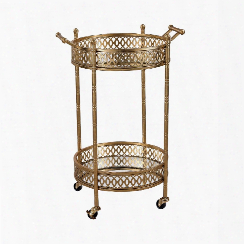 Cart Collection 3200-031 19" Bar Cart With Banded Design Round Shape Mirrored Shelves Mobility Casters And Metal Construction In Gold Leaf And Mirror