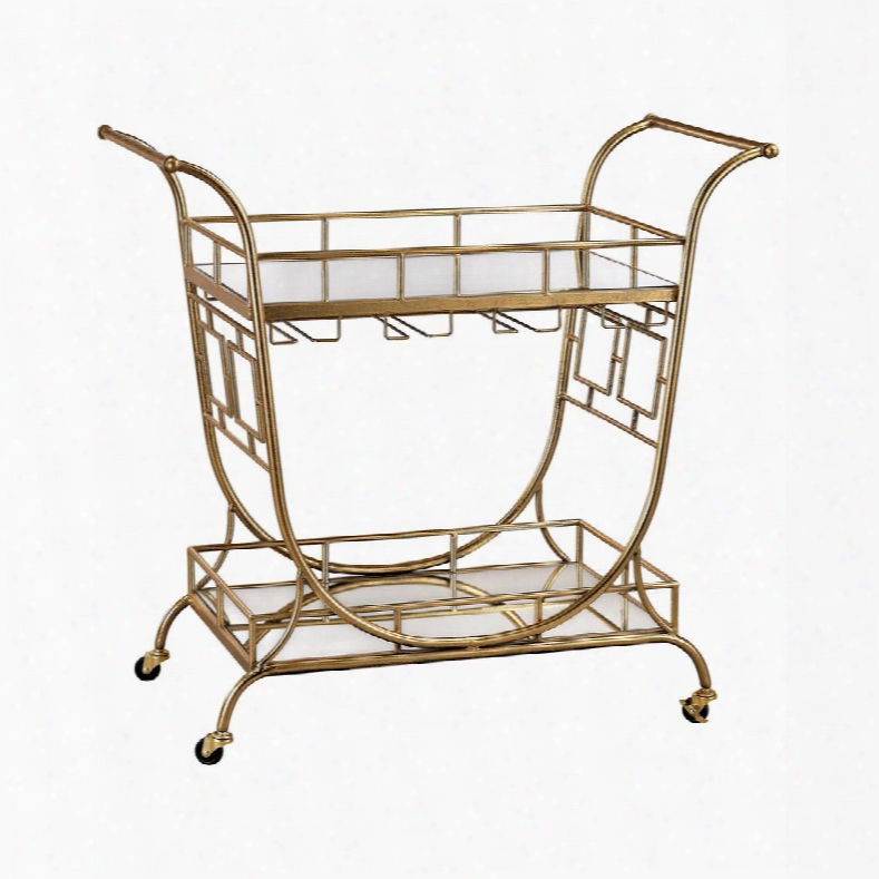 Cart Collection 3200-038 35" Server Bar Cart With 2 Mirrored Shelves Curved Design Wine Rack Handles Casters And Metal Construction In Gold Leaf And Clear