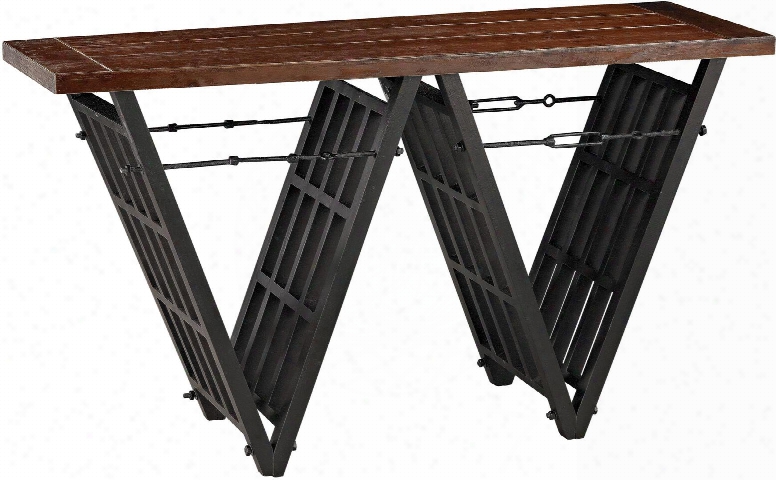 Console Collection 351-10166 55&quo; Console With Industrial Era Design Walnut Wood Top Rectangular Shape And Iron Stretcher In Restoration Black