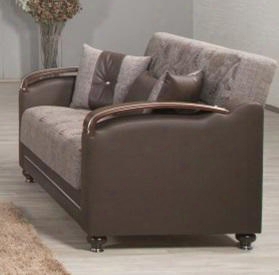Divamax Dilsqbf 61" Loveseat With Pillows Storage Under The Seats Bun Feet Curved Arms And Woodlike/polished Metal Accents: Quantro Brown