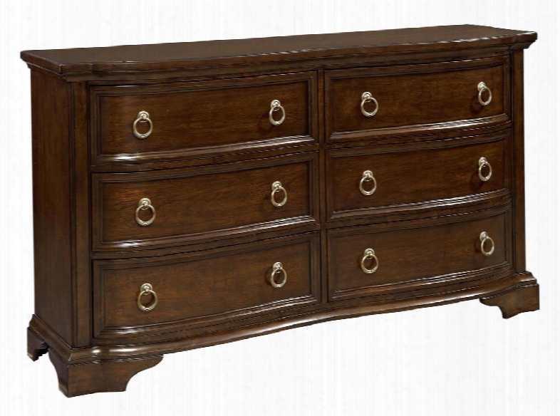 Elaina 4640-230 66" Wide 6-drawer Dresser With Soft Gold Finished Hardware Curved Profile Cedar Lined Bottom Drawr And Jewelry Tray In Rustic Cherry