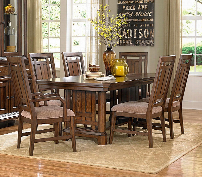 Estes Park 4364tt2ac4sc 7-piece Dining Room Set With Trestle Table 2 Upholstered Arm Chairs And 4 Upholstered Side Chairs In Artisan Oak