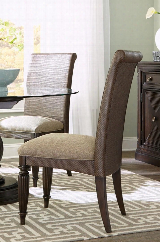 Jessa 4980-585 19" Wide Woven Upholstered Side Chairs With Turned Front Legs Tapered Back Legs And Hemp Colored Fabric Upholstery In Dark Brown