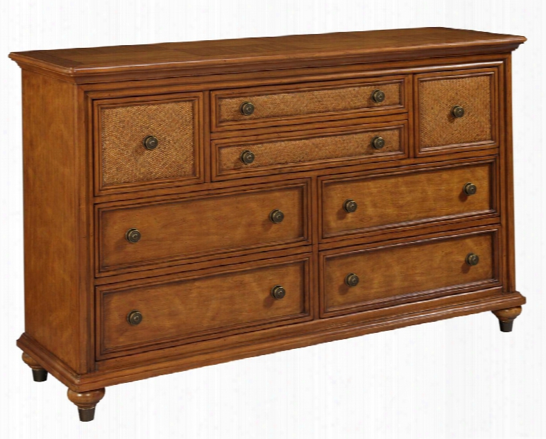 Samana Cove 4702-230 64.5" Wide 8-drawer Dresser With Jewelry Tray Cedar Lined Bottom Drawers Woven Rattan Drawer Fronts And Antique Gold Knobs In Natural