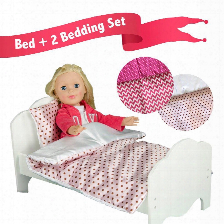 Td-11929-2a Teamson Kids - Little Princess 18 Doll Furniture - Single Bed & 2 Bedding Set - Polka Dots / Modern