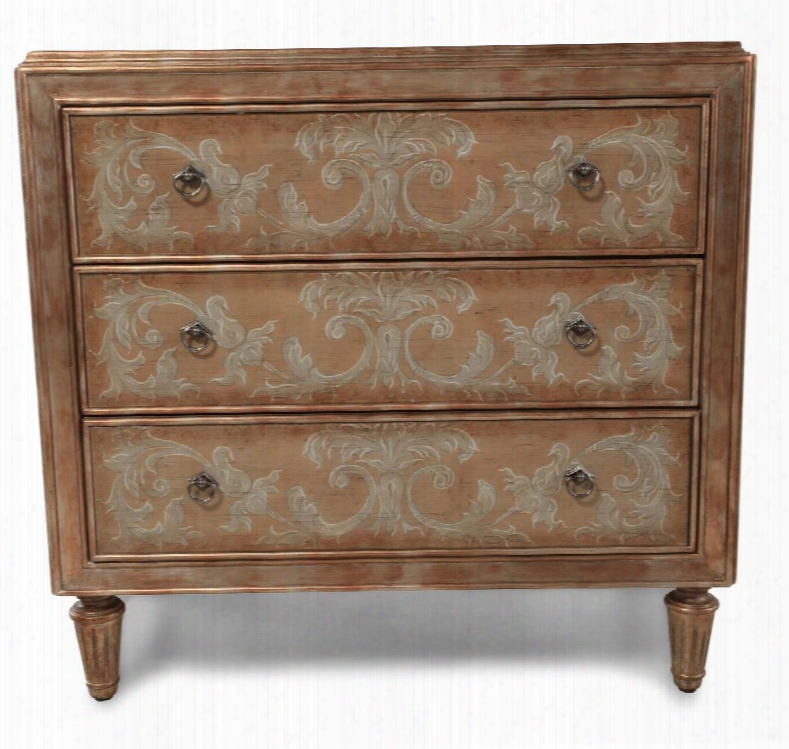 208072 Accent Chest With 3 Drawers Hand Painted Design Metal Ring Hardware Turned And Fluted Feet In Dark Wood