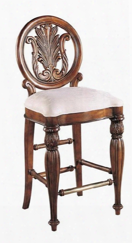 242501 Edwardian Bar Stool With Carved Back Brass Plated Footrest Tapered Legs And White Fabric Upholstered Seat In Medium Brown