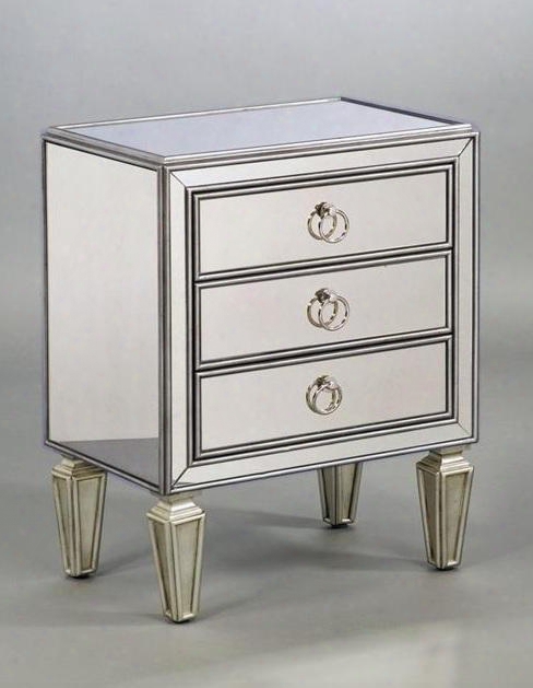 516012 Chairside Chest With 3 Drawers Tapered Legs Mirrored Front Side Top And Ends In Silver