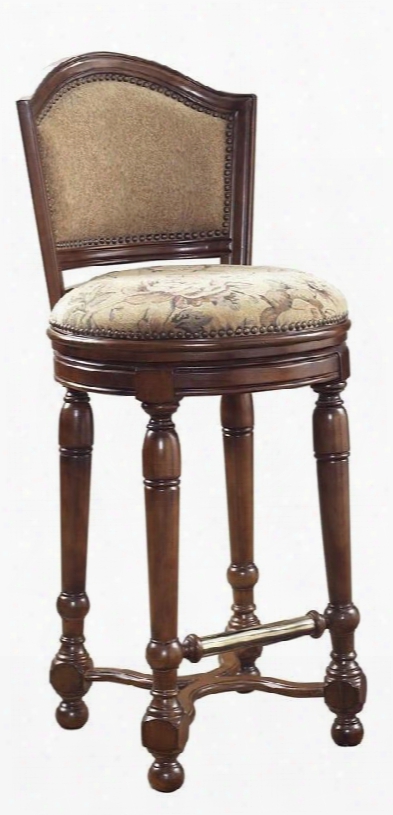 565501 Carlton Manor Swivel Bar Stool With Curved Arched Back Turned Legs Beige Upholstered Seat And Back In Brown