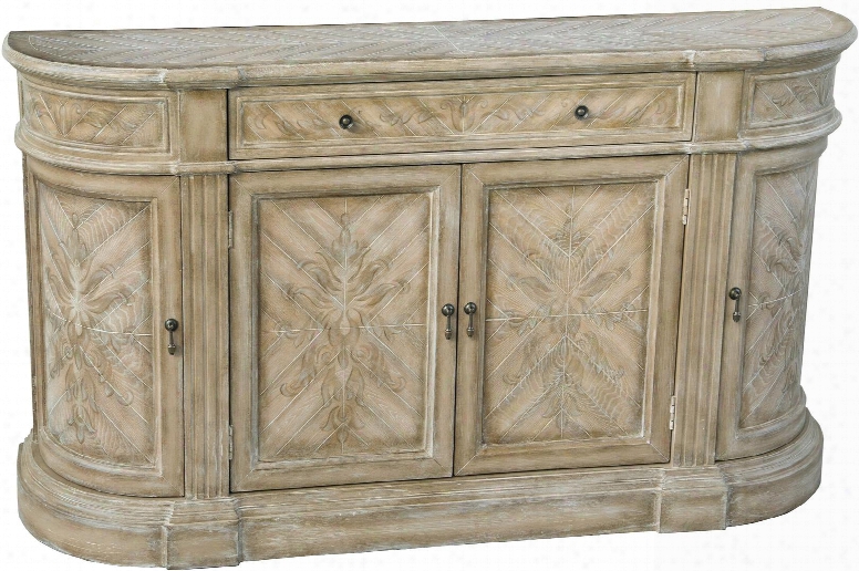 641034 63" Credenza With 4 Doors 1 Drawer Hand Painted Curved Frame Subdued Floral Design Fluted Posts And Adjustable Shelves In Light Wood
