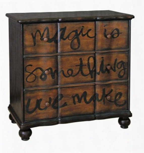 641107 Magic Accent Chest With 3 Hand-painted Drawers Bun Feet And Decorative Drawer Interior Wrap In Brown Distressed Painted