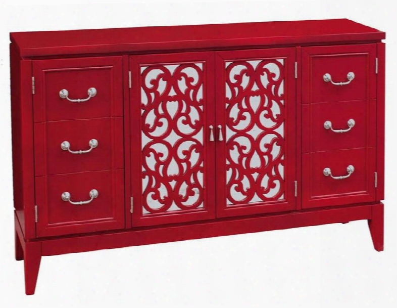641152 Randy Rouge Console With 4 Doors 3 Adjustable Shel Ves Faux Drawer End Doors And Fretwork Over Mirror On Center Doors In Red Painted