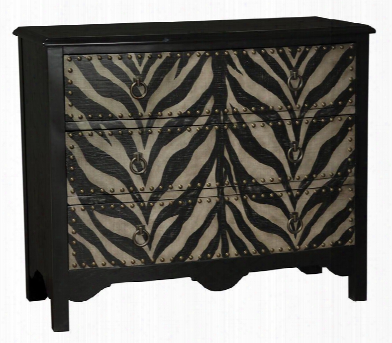 675057 Accent Chest With 3 Drawers Textured Zebra Pattern Ring Pulls And Nail Head Trim In Black Distressed Painted
