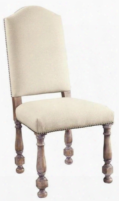 Ametha Dione 205008 20" Side Chair With High Back Nailhead Trim Turned Wood Legs Cream Fabric Upholstered Back And Seat In Aged Patina Distressed