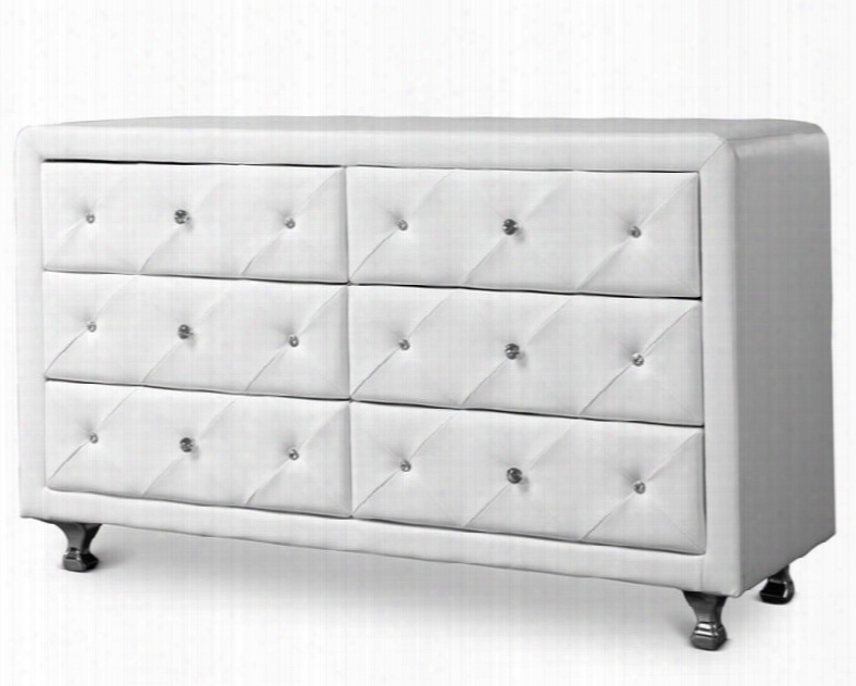 Baxton Studio Bbt2030-dresser-white Luminescence Upholstered Dresser With 6 Drawers Faux Leather Upholstery Crystal Drawer Pulls And Chrome-plated Steel