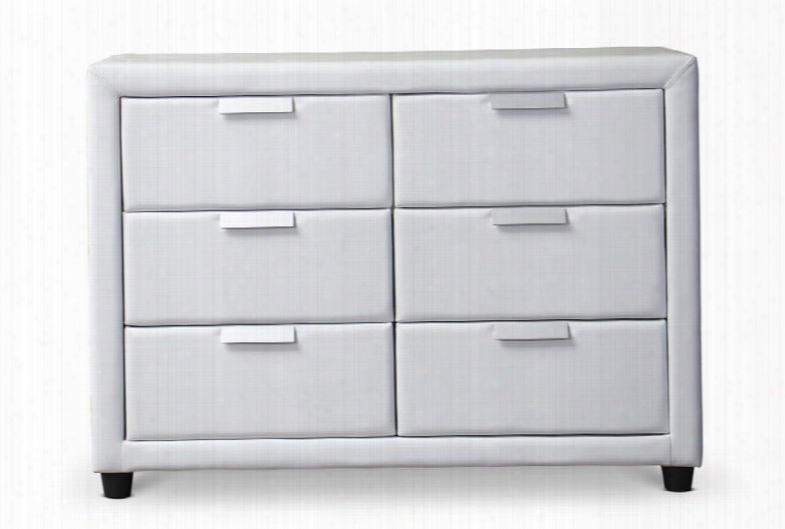 Baxton Studio Bbt2031-dresser-white Pageant Upholstered Dresser With 6 Drawers Silve R Drawer Pulls Polyurethane Foam Padding Faux Leather Upholstery