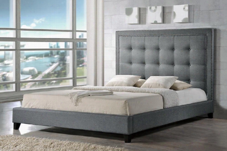 Baxton Studio Bbt6377-grey-king Hirst Platfor Bed With Polyurethane Foam Padding Button Tufted Headboard Gentle Nail Head Trim Tapered Legs And Fabric