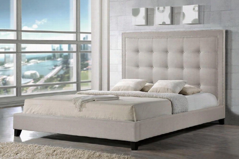 Baxton Studio Bbt6377-light Beige-king Hirst Platform Bed With Polyurethane Foam Padding Button Tufted Headboard Silver Nail Head Trim Tapered Legs And
