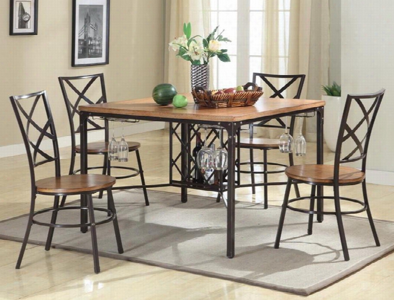 Baxton Studio Cdc252 5pc Dining Set Vintner Dining Set With Wine-bottle Cage Wine-glass Racks Powder-coated Metal Reclaimed-wood Seats And Tabletop In