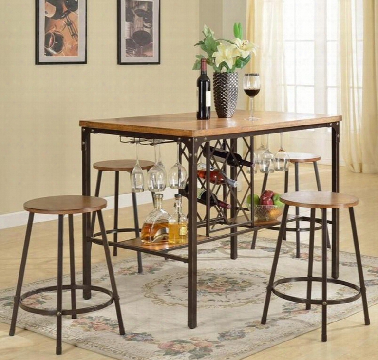 Baxton Sthdio Cdc252 5pc Pub Set With Table + 4 Stools Wine Bottle Cage Wine Glass Racks Medium-density Fiberboard And Powder-coated Metal In