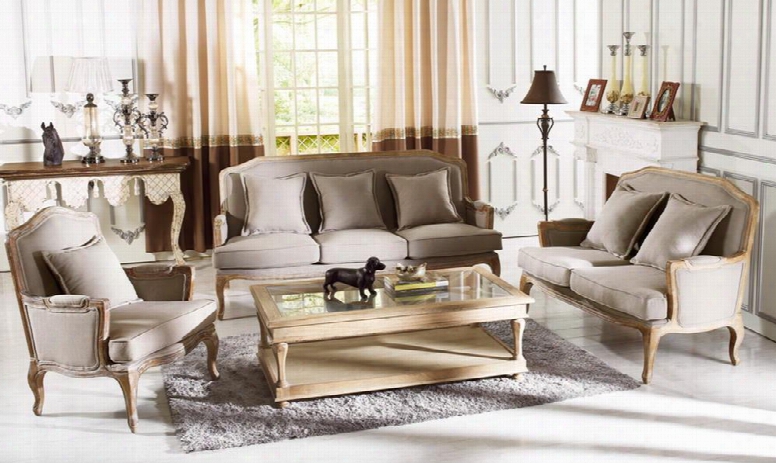 Baxton Studio Ta2256-beige 3pc Set Sofa + Loveseat + Chair With Polyurethane Foam Cushions Matching Pillows Distressed Oak Frame And Linen Upholstery In