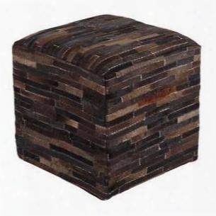 Cowhide A1000448 19" Pouf Ottoman With Strips Pattern Hand Stitched Details Ply Wood Fi Ller In Dark