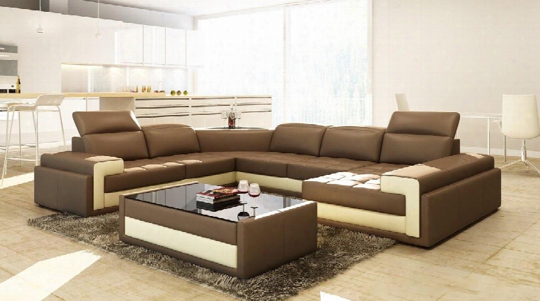 Divani Casa Vgevsp5104 Sectional Sofa With Right Facing Chaise Adjustable Headrests Corner Black Glass Shelf And Bonded Leather Upholstery In Two Tone