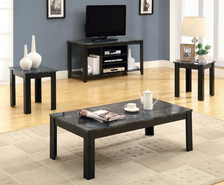 I 7843p Table Set - 3pcs Set / Black / Grey Marble-look