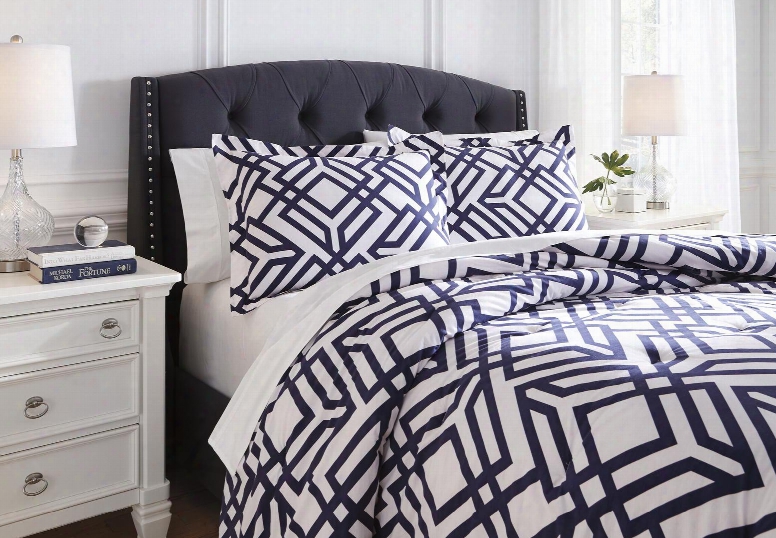 Imelda Q709-03k 3 Pc King Size Comforter Set Includes 1 Comforter And 2 Standard Shams With Geometric Design And Cotton Material In Navy