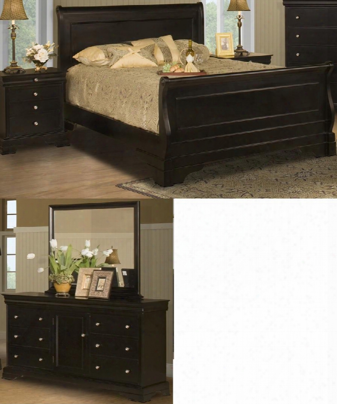 00013wsbdmn Belle Rose 4 Piece Bed Room Set With Western King Sleigh Bed Dresser Mirror And Nightstand In Black