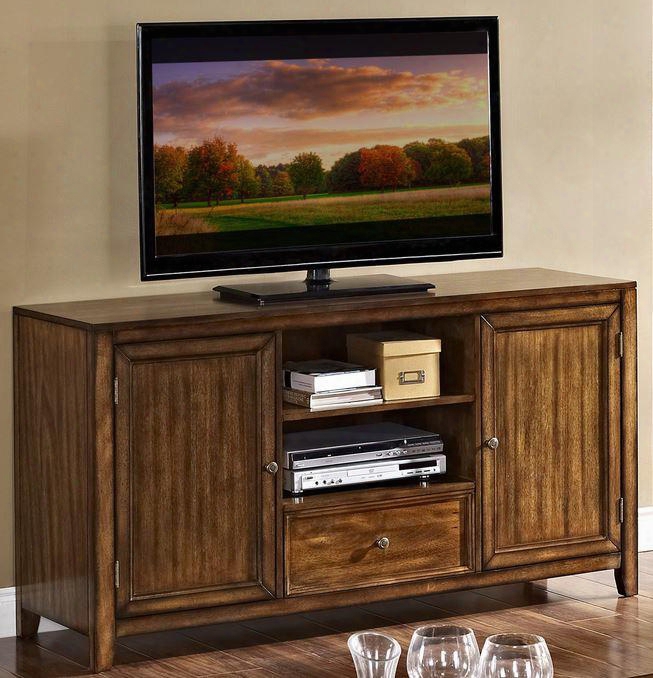 10-711-10 60" Contempo Entertainment Console  With Two Shelves One Drawer Two Doors Knobs And Tapered Legs In Burnished