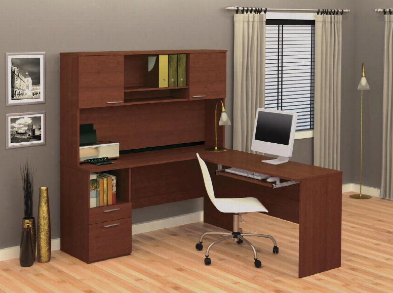 90425-76 Flame L-shaped Workstation With Simple Pulls Two Drawers And Two Doors In Cognac