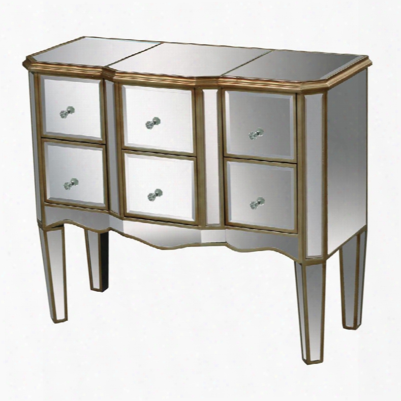 Antwerp Collection 6043627 38" Chest With 6 Drawers Hand Cut Mirrored Panels Nostalgic Scalloping And Tapered Legs In Clear Mirror And Antique Gold