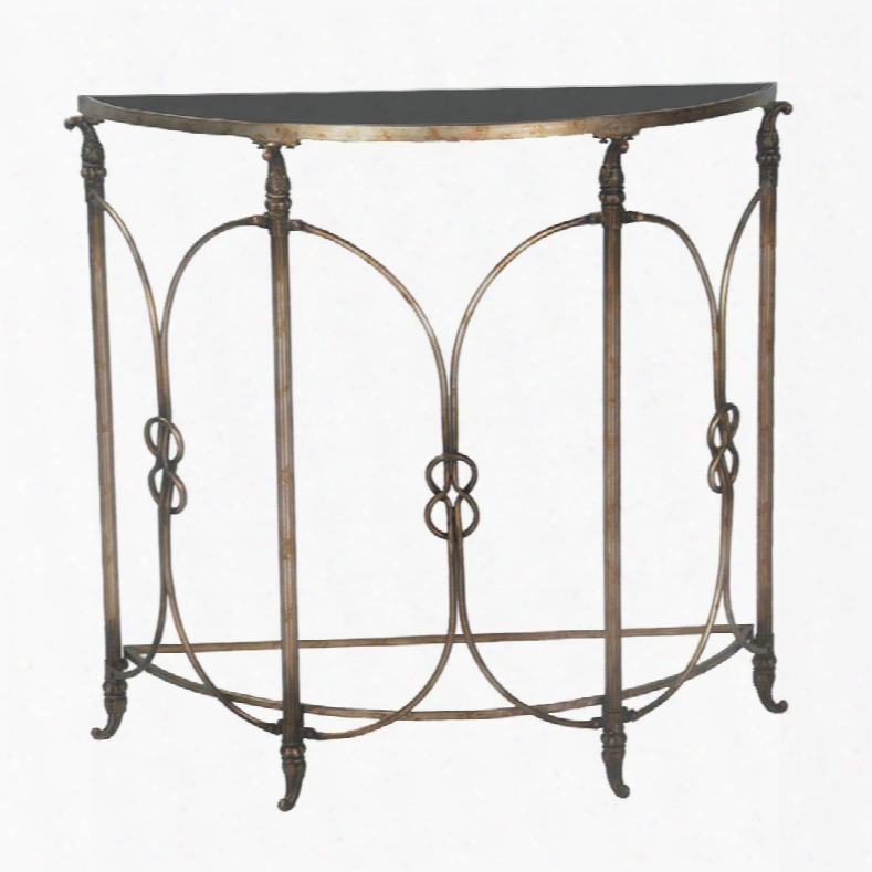 Bordeaux Collection 51-1186 38" Console Table With Demilune Shae Stone Top Distressed Look And Metal Construction In Black With Heavily Antiqued Silver