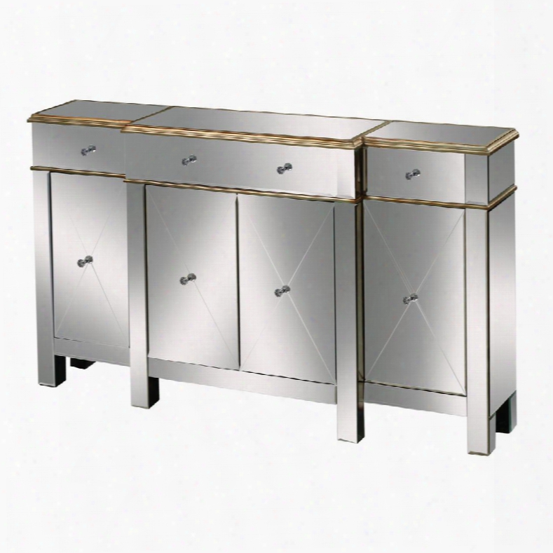 Bordeaux Collection 6043619 60" Buffet With 3 Drawers 4 Doors Mirrored Panels Crystal Ahndles And Hand Painted Antique Gold Edges In Champagne Silver Leaf