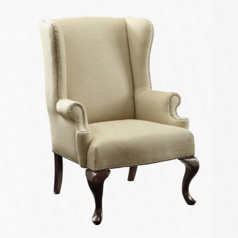 Edmond Collection 6071279 32" Edmond Chair With Wing Back  Design Satin Nickel Nail Heads Tan F Abric Upholstery And Plantation Grown Hardwood Materials In