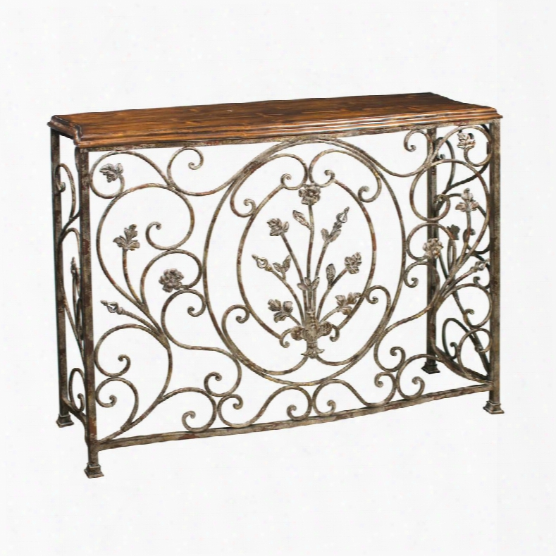 Floral Scroll Collection 51-0673 44" Console With Rectangular Wood Top Floral Design And Metal Construction In Iron Annd Walnut