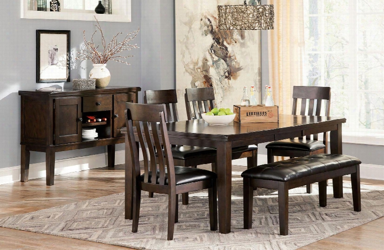 Haddigan D596t4cbs 7-piece Dining Room Set With Extendable Table 4 Side Chairs Upholstered Bench And Server Cabinet In Dark Brown