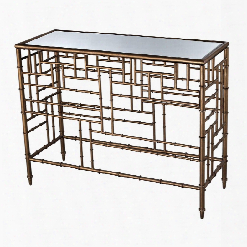 Laos Collecion 6043722 42" Console With Mirrored Top British Colonial Flavor Rectangular Shape Bamboo Contrivance And Metal Construction In Antique Gold