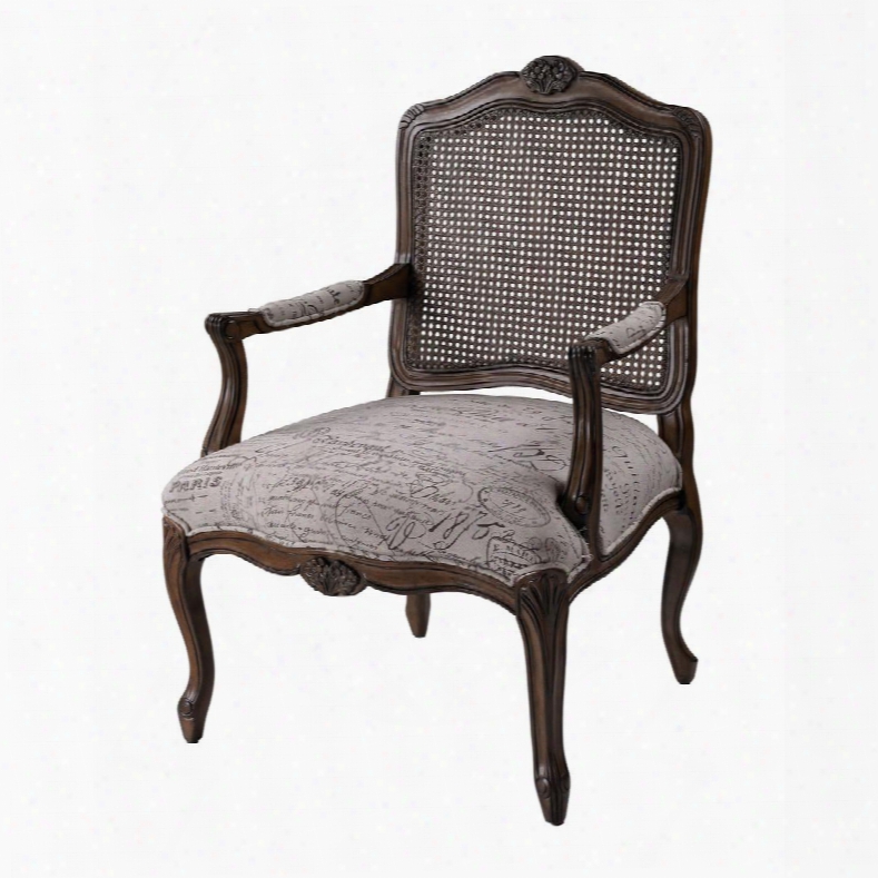 Marianne Collection 6071398 27" Arm Chair With Antique French Script Design Cabriole Legs Mahogany Wood Frame And Fabric Upholstery In Neutral