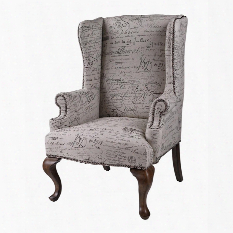 Marianne Collect On 6071399 31" Wing Accent Chair With Antique French Script Design Linen Cotton Blend Fabric Upholstery And Rubberwood Materials In Warm