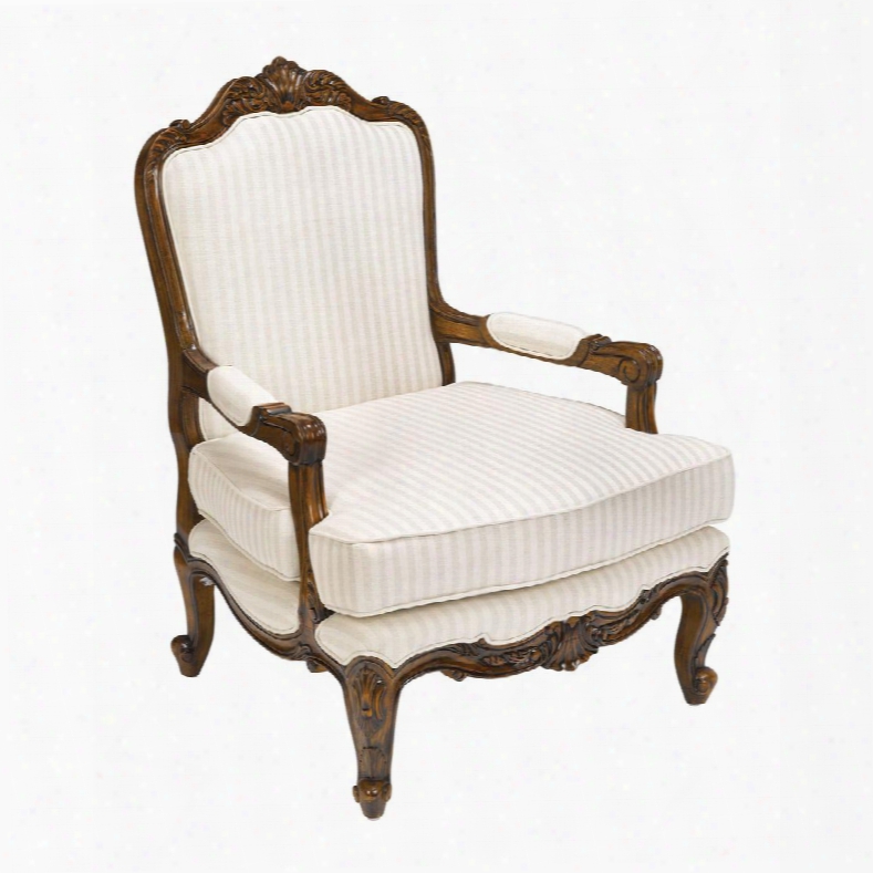 Maybach Collection 160-013 30" Arm Chair With Cabriole Legs Cream Striped Linen Upholstery And Mango Wood Construction In Hand Rubbed Dark Mahogany
